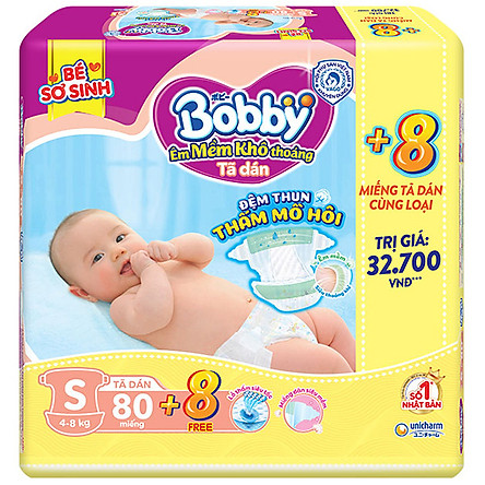 Tã Dán Bobby Điệm Thun Thấm Mồ Hôi S80 (80 Miếng) + 8 Miếng Tã Dán Size S - Bao Bì Mới