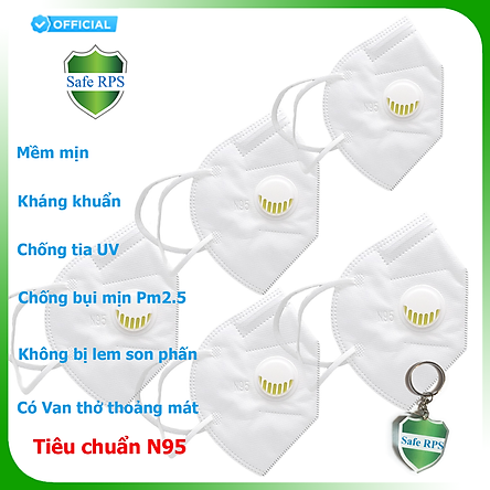 Hộp 5 cái Khẩu trang N95 Pro Mask, có van thở, kháng khuẩn, chống bụi siêu mịn PM2.5, màu trắng - ISO13485, CE, FDA - xuất khẩu Châu Âu , Mỹ ; Tặng móc treo khóa mica