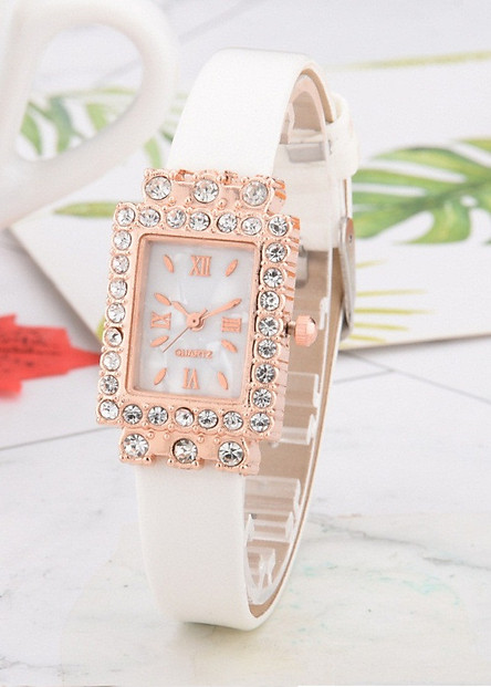 Đồng hồ nữ dây da mặt chữ nhật đính đá thời trang CNT05 - dây trắng