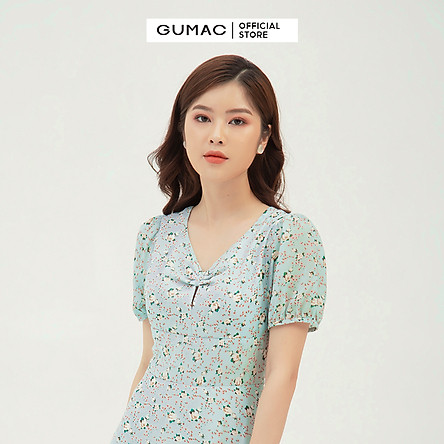 Đầm xòe nữ họa tiết hoa thiết kế nhún ngực GUMAC DB380