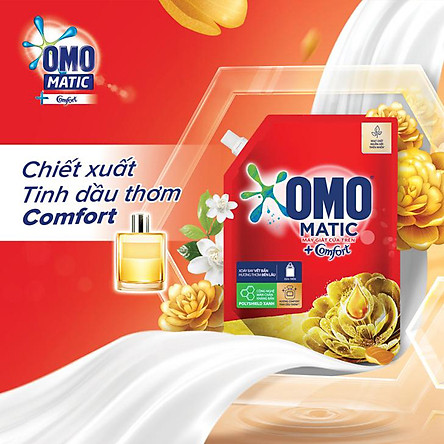 Nước giặt OMO Matic Comfort hương Tinh dầu thơm cho máy giặt cửa trên, xoáy bay vết bẩn, hương thơm bền lâu, túi 3.7kg