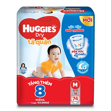 Tã Quần Huggies Dry Gói Cực Đại M74 (74 MIếng) - Tặng Thêm 8 Miếng