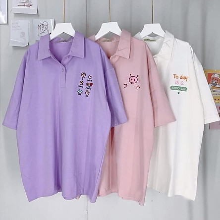 Áo thun POLO nữ tay lỡ có cổ phông form rộng freesize unisex mặc đi học, cặp, nhóm, lớp in hình DỄ THƯƠNG