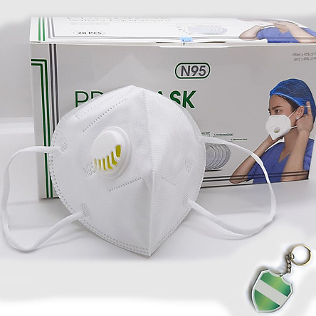 Hộp 20 cái Khẩu trang N95 Pro Mask, có van thở, kháng khuẩn, chống bụi siêu mịn PM2.5, màu trắng - ISO13485, CE, FDA - xuất khẩu Châu Âu , Mỹ ; Tặng móc treo khóa mica