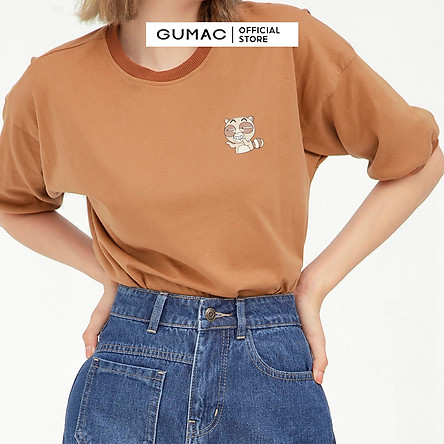 Áo thun nữ thiết kế cổ tròn phối bo tay áo khác màu in hình sticker GUMAC ATB519