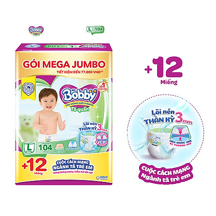 Tã quần Bobby Mega Jumbo L104 - Lõi nén thần kì 3mm - Siêu mỏng khô thoáng bất ngờ - Tặng thêm 12 miếng