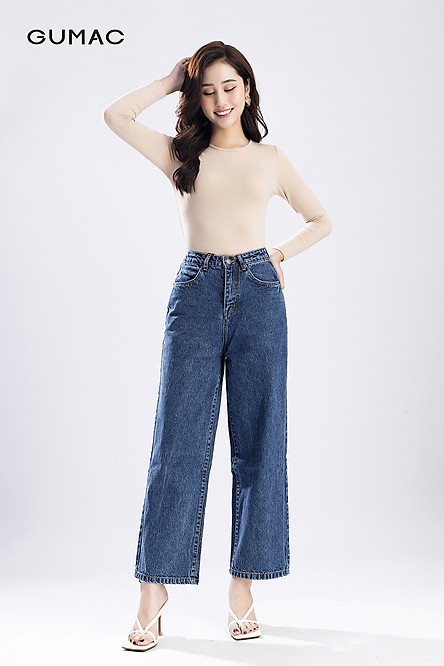 Quần jeans nữ dài ống suông rộng có túi trẻ trung GUMAC QJNB1282