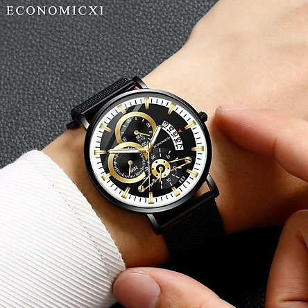 Đồng hồ nam cao cấp, đồng hồ nam đeo tay, đồng hồ nam chính hãng ECONOMICXI mẫu HOT dây thép lưới đen có lịch ngày - Thiết Kế Cá Tính ECN2V