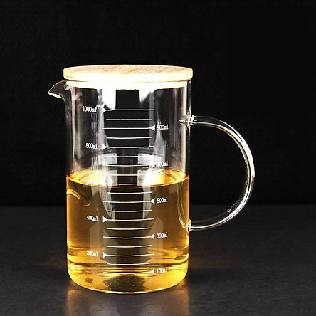 Ly thủy tinh Glass Cup 1000ml chia vạch đo, đong thể tích, có nắp gỗ đậy để đong nước, sữa, làm bánh_HL103-1000ml
