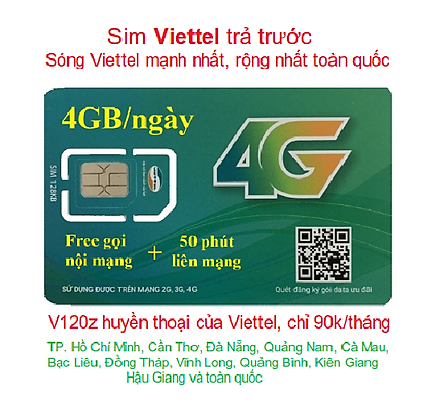 SIM 4G VIETTEL V120Z - ĐĂNG KÝ ĐÚNG CHỦ ( 90.000/tháng: Có 4Gb/ngày, Gọi nội mạng miễn phí tất cả cuộc gọi dưới 20 phút, ngoại mạng 50 phút miễn phí) - Hàng Chính Hãng