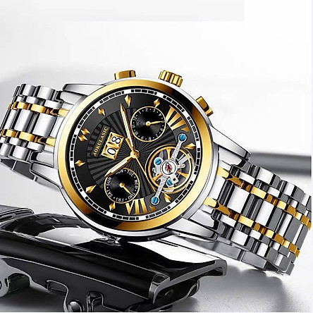 Đồng Hồ Cơ Nam Automatic AOKULASIC AO66 Dây Thép Đúc Đặc - Thiết Kế Lộ Máy Khỏe Khoắn Chạy Lịch Ngày Cao Cấp (Dây Trắng Vàng)