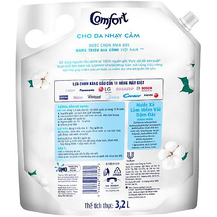 Nước Xả Vải Comfort Cho Da Nhạy Cảm (3.2L/Túi)  - Phù Hợp Với Làn Da Em Bé