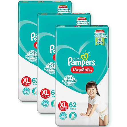 Combo 3 Tã Quần Pampers Giữ Dáng Mới Gói Cực Đại M74/L68/XL62/XXL56 - XL186