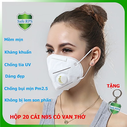 Hộp 20 cái Khẩu trang N95 Pro Mask, có van thở, kháng khuẩn, chống bụi siêu mịn PM2.5, màu trắng - ISO13485, CE, FDA - xuất khẩu Châu Âu , Mỹ ; Tặng móc treo khóa mica