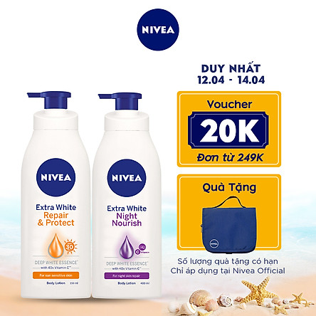 Bộ đôi chăm sóc phục hồi da Sữa Dưỡng Thể Dưỡng Trắng NIVEA Ban Ngày Giúp Phục Hồi & Chống Nắng SPF30 (350ml) - 88311 & Sữa Dưỡng Thể Dưỡng Trắng NIVEA Giúp Phục Hồi & Săn Da Ban Đêm (400ml) – 88126