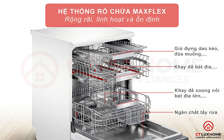 Hệ thống rổ MaxFlex 3 giàn rửa rộng rãi cùng giỏ chứa bát đĩa dưới cùng