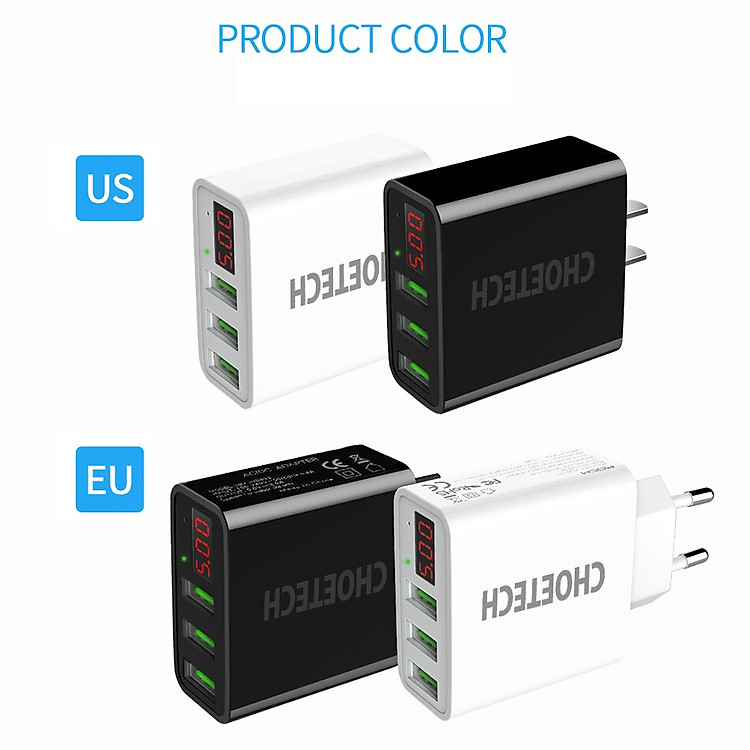Cóc củ sạc nhanh 3 cổng USB hiệu CHOETECH C0026US cho điện thoại / máy tính bảng Samsung iPhone Huawei Oppo Xiaomi (sạc nhanh 2.4A / Port, 3 Port USB, Max 3A, trang bị LED hiển thị) - hàng chính hãng