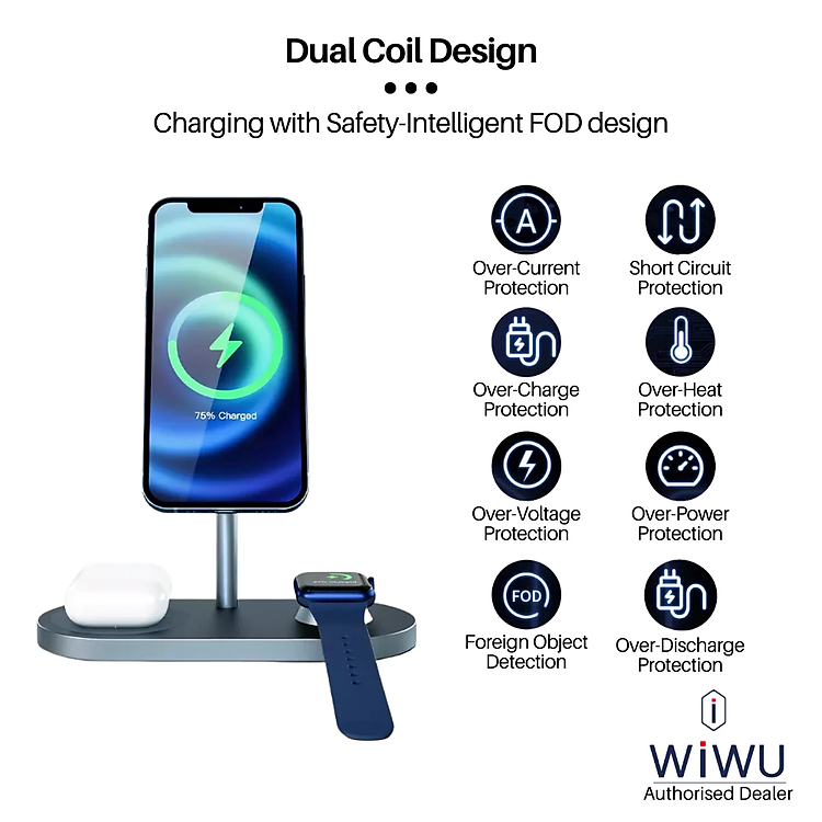 Đế sạc nhanh không dây 15W 3 in 1 hiệu WIWU Power Air Wireless Charger X23