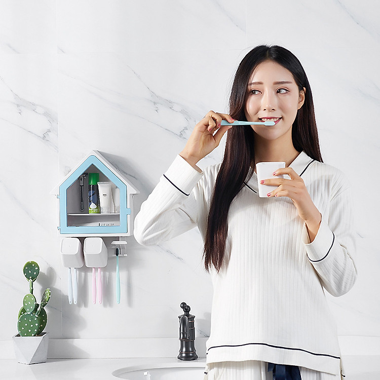 Kệ đựng vật dụng nhà tắm hình mái nhà kèm 3 ly