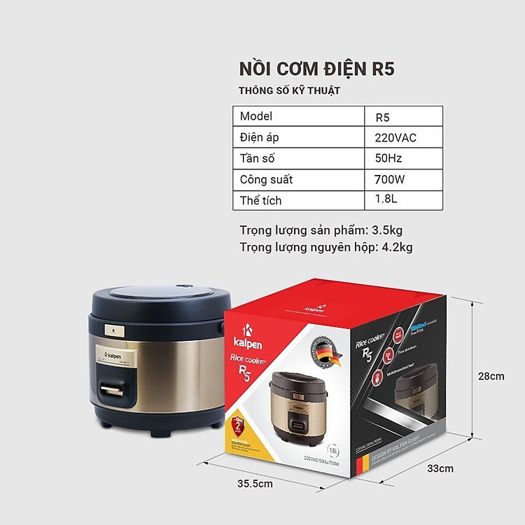 Nồi cơm điện cao cấp Kalpen R5 dung tích 1.8L chuẩn Đức, bảo hành 24 tháng