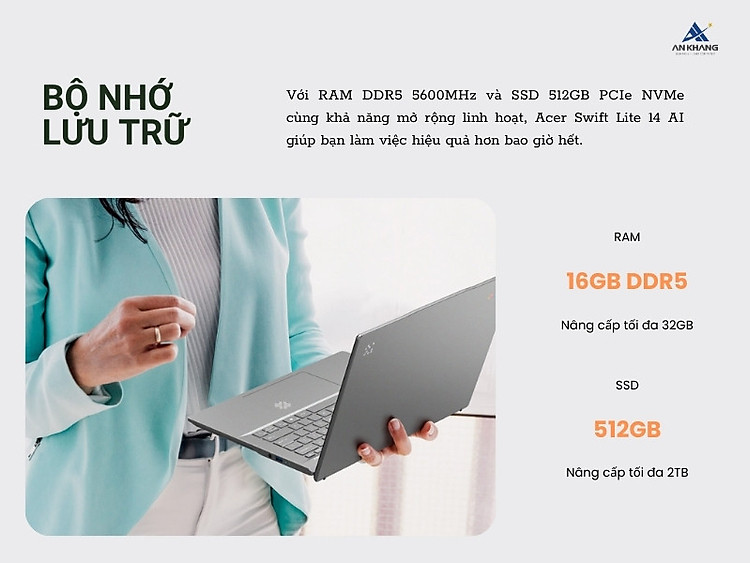 Acer Swift Lite 14 AI SFL14-51M-56HS NX.J1HSV.002 sở hữu cấu hình bộ nhớ và lưu trữ ấn tượng Acer Swift Lite 14 AI SFL14-51M-56HS NX.J1HSV.002 sở hữu cấu hình bộ nhớ và lưu trữ ấn tượng