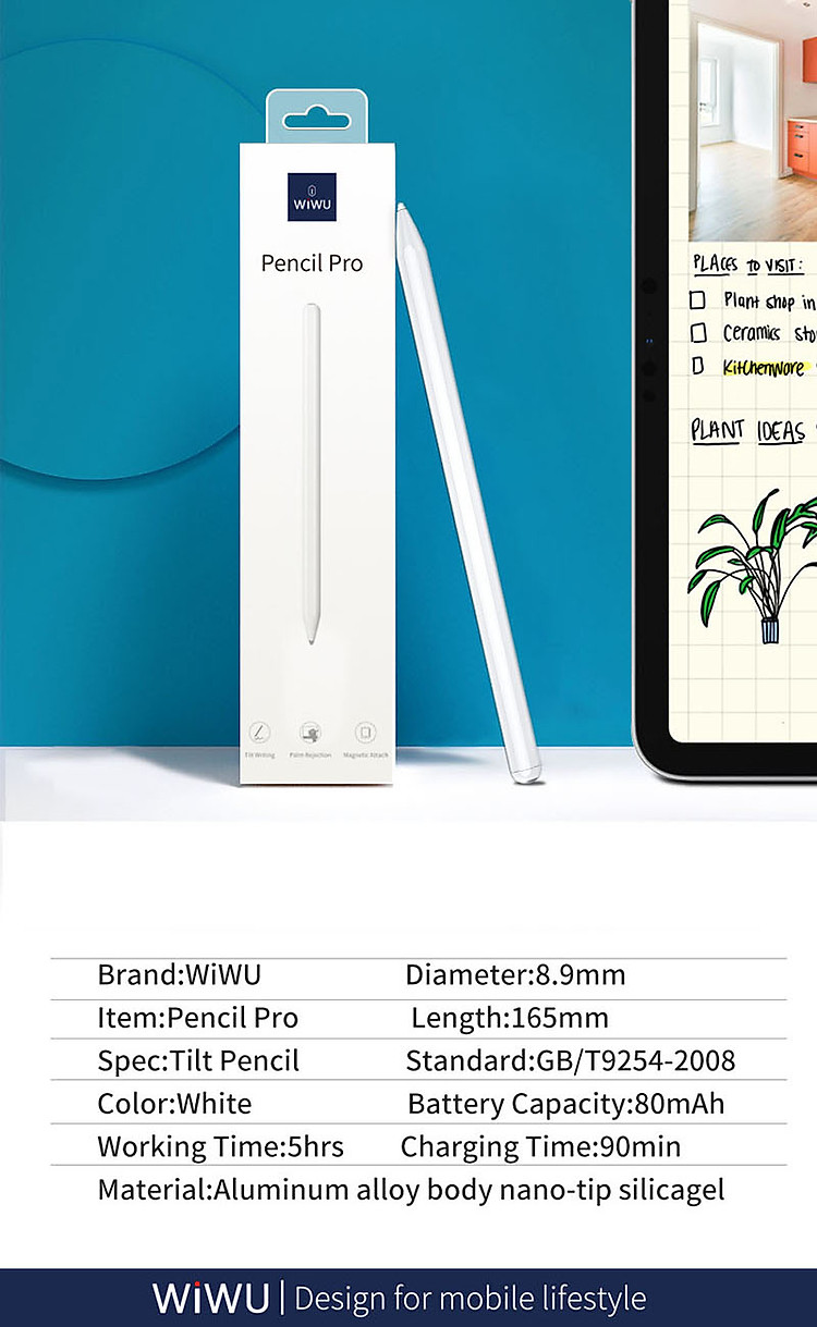 Bút cảm ứng stylus chống tì tay cho iPad WiWu Pencil Pro (viết vẽ nghiêng hơn 60 độ, chống tì tay như Apple Pencil, hút nam châm)