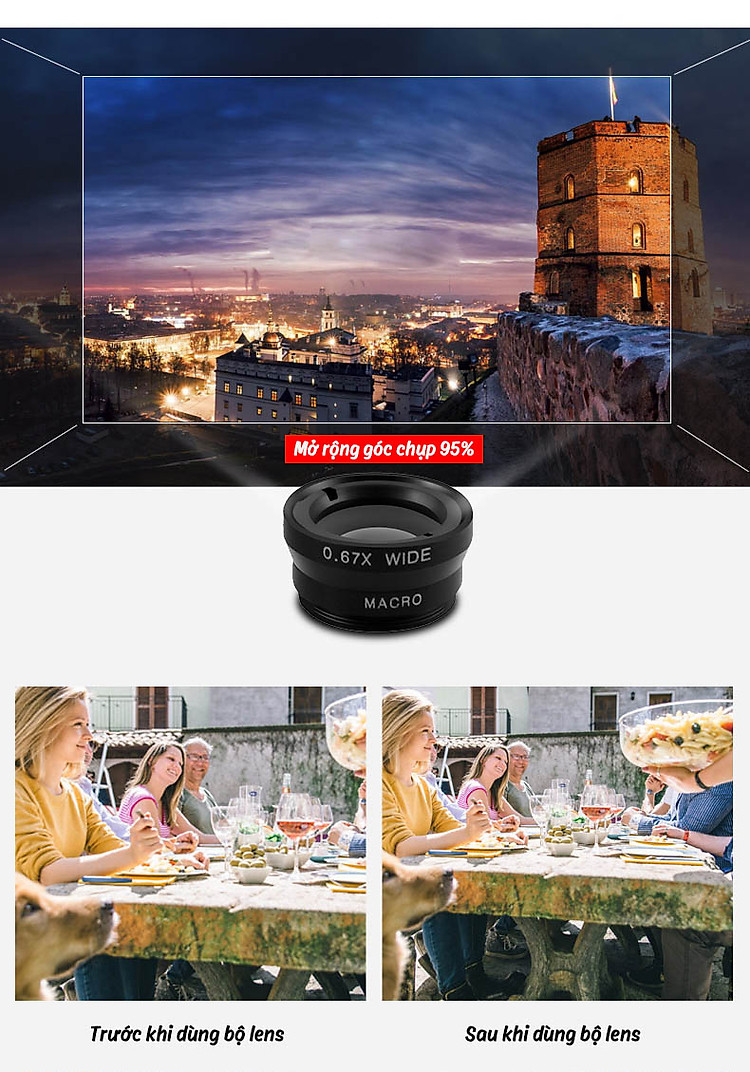 Bộ kính lens cho điện thoại góc rộng, fisheye, macro 3 trong 1 Aturos Universal Clip Lens