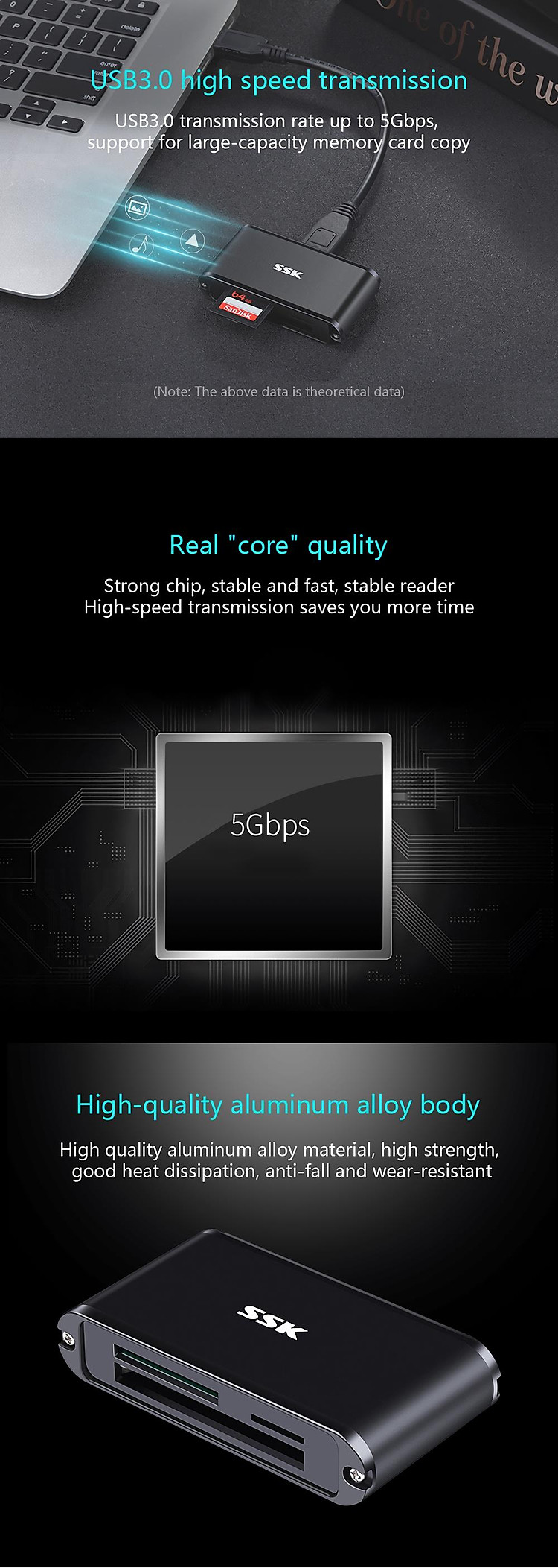 SSK SCRM630 Aluminum Alloy All-in-One USB 3.0 CF SD Micro SD TF Card Reader