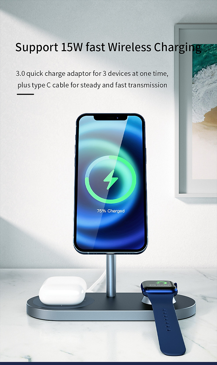 Đế sạc nhanh không dây 15W 3 in 1 hiệu WIWU Power Air Wireless Charger X23