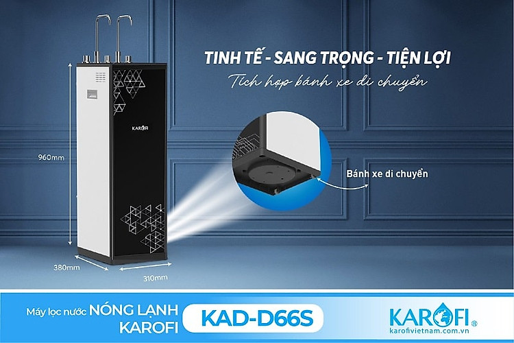 Máy lọc nước nóng lạnh Karofi KAD-D66S được thiết kế bánh xe di chuyển linh hoạt