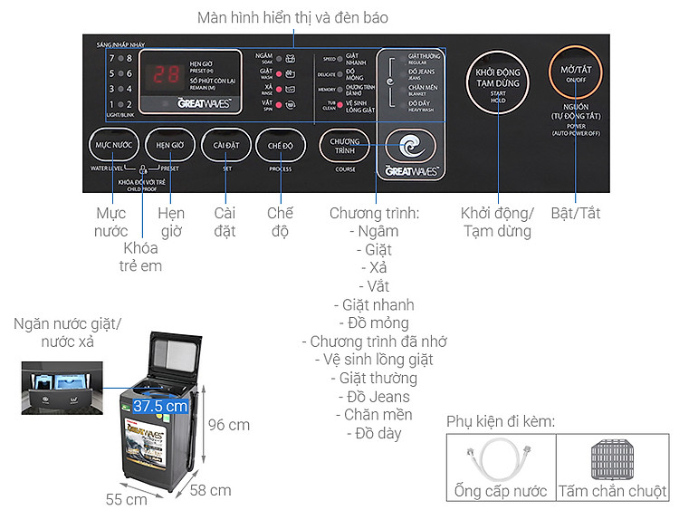 Thông số kỹ thuật Máy giặt Toshiba Inverter 9.0 kg AW-DK1000FV(KK)
