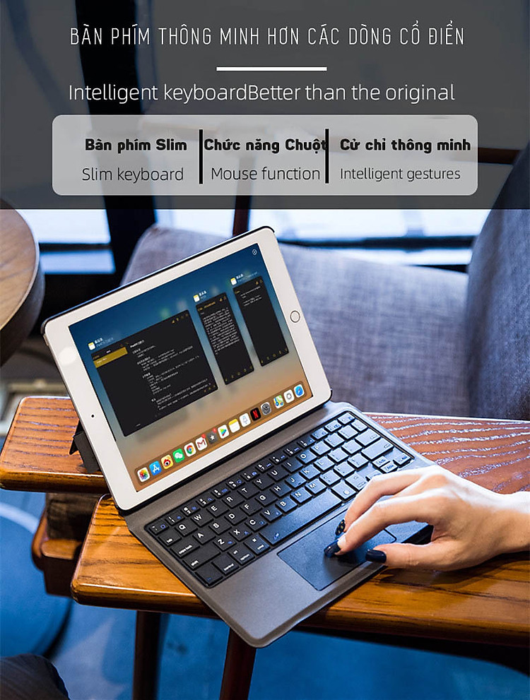 Bàn phím Bluetooth cho iPad 9.7/2018/2017/Air2/Air10.5/Pro 10.5 có touchpad kèm bao da Promax T1091