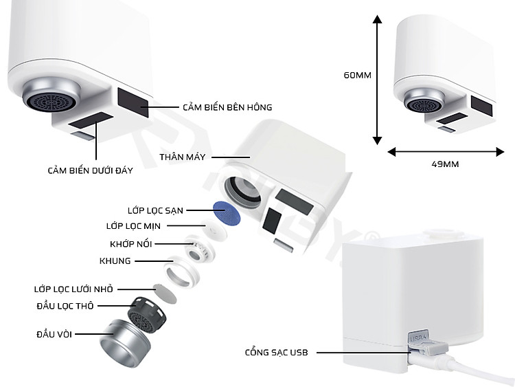 Cấu tạo chi tiết thiết bị tiết kiệm nước cảm biến tại vòi Xiaomi ZANJIA