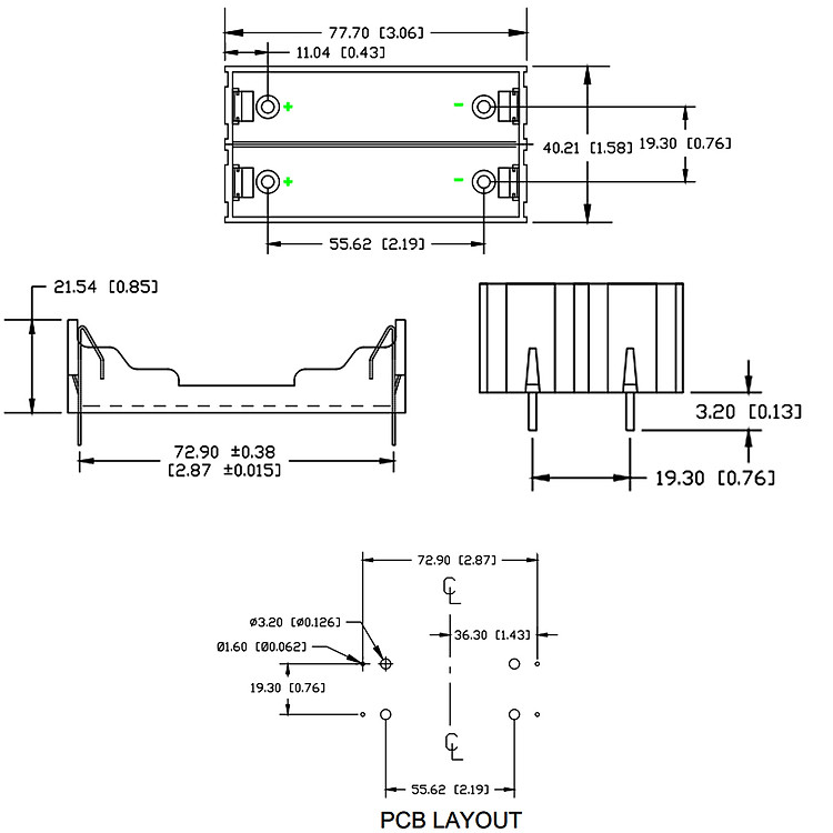 Kích thước Đế 2 Pin 18650 Hàn PCB