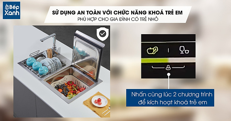 Trang bị khóa an toàn trẻ em trên máy rửa chén tích hợp chậu rửa Malloca WQP6-890F3