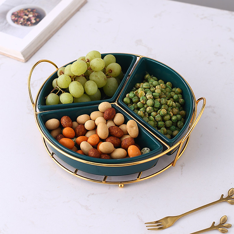 Khay mứt, hạt quả khô sứ tròn khung kim loại