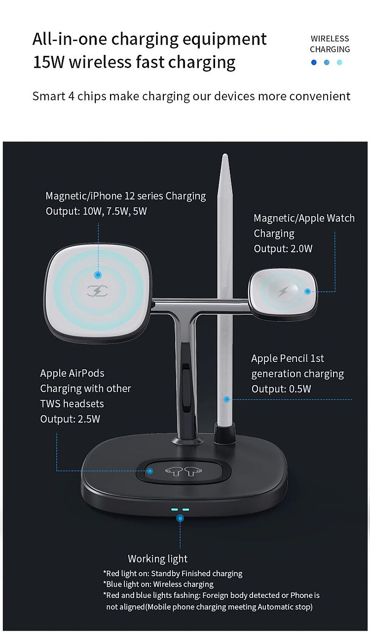 Đế sạc nhanh không dây 15W 4 in 1 hiệu WIWU Power Air Wireless Charger M8