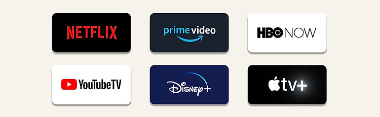 Biểu tượng dịch vụ phát trực tuyến OTT xuất hiện liên tiếp. Từ trên cùng bên trái;  Netflix, Video Amazon Prime, HBO NGAY, YouTubeTV, Disney và Apple TV.