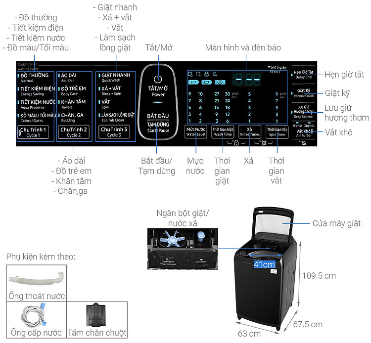 Thông số kỹ thuật Máy giặt Samsung Inverter 16 kg WA16R6380BV/SV