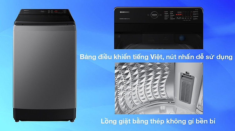 Máy giặt Samsung Inverter 10.5 kg WA10CG5745BDSV - Kiểu lồng giặt đứng, trang bị bảng điều khiển ngôn ngữ tiếng Việt bằng nút nhấn và lồng giặt bằng thép không gỉ bền bỉ