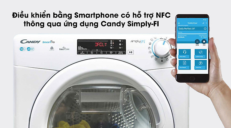 Máy sấy Candy CSO C10TE-S có thể kết nối với điện thoại hỗ trợ NFC
