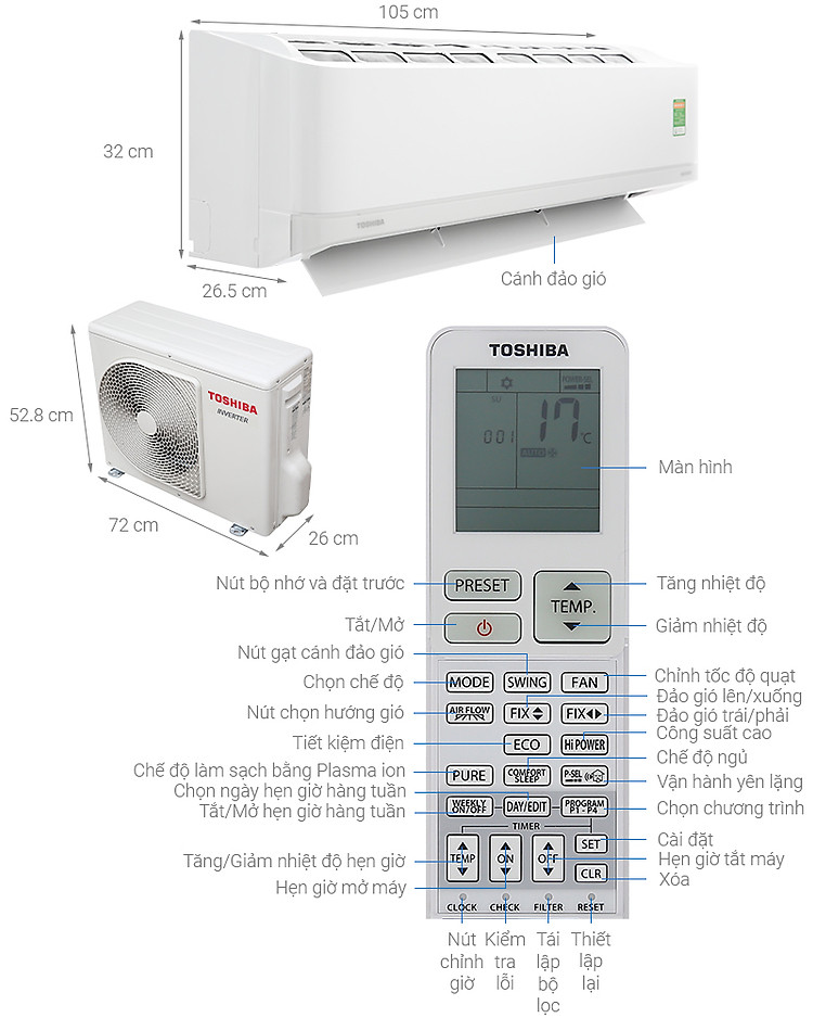 Thông số kỹ thuật Máy lạnh Toshiba Inverter 2 HP RAS-H18J2KCVRG-V