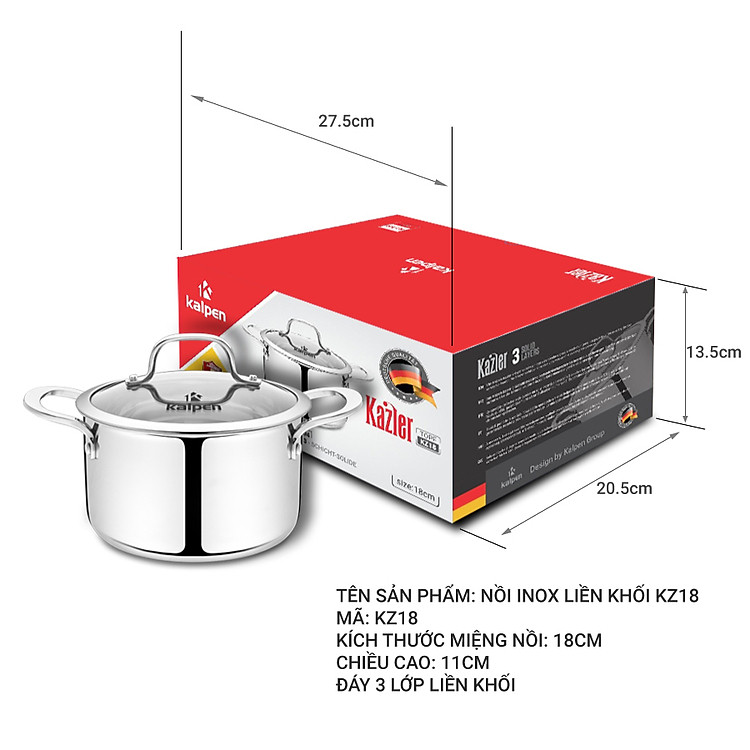 Bộ 3 nồi Inox 3 lớp liền khối Kalpen Kazler KZ1 size 16,20,24cm chuẩn Đức