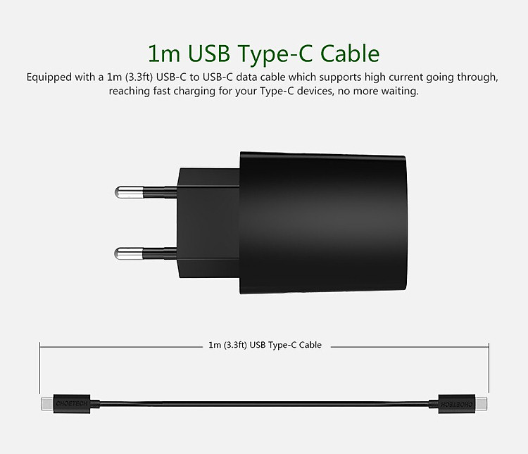 (Tặng dây sạc) Bộ cóc củ sạc nhanh 15W chuẩn PD 3.0 Type-C hiệu CHOETECH TC0001 cho điện thoại / máy tính bảng / Macbook iPhone Samsung Huawei Xiaomi Oppo Nokia Trang bị chip sạc thông minh (Đính kèm 1 dây sạc Type-C to Type-C) - Hàng chính hãng