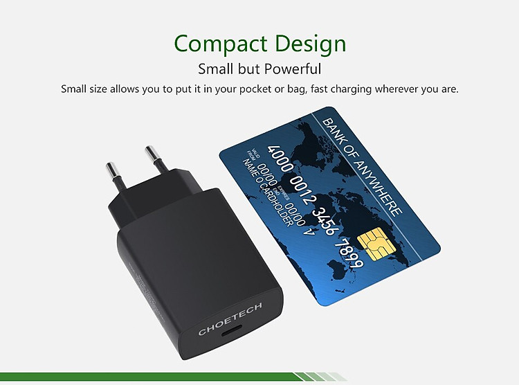 (Tặng dây sạc) Bộ cóc củ sạc nhanh 15W chuẩn PD 3.0 Type-C hiệu CHOETECH TC0001 cho điện thoại / máy tính bảng / Macbook iPhone Samsung Huawei Xiaomi Oppo Nokia Trang bị chip sạc thông minh (Đính kèm 1 dây sạc Type-C to Type-C) - Hàng chính hãng