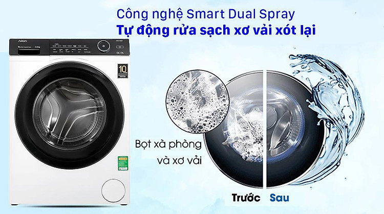 Máy giặt Aqua Inverter 9.0 KG AQD-A900F W - Công nghệ Smart Dual Spray hạn chế sơ vải cho lần giặt sau