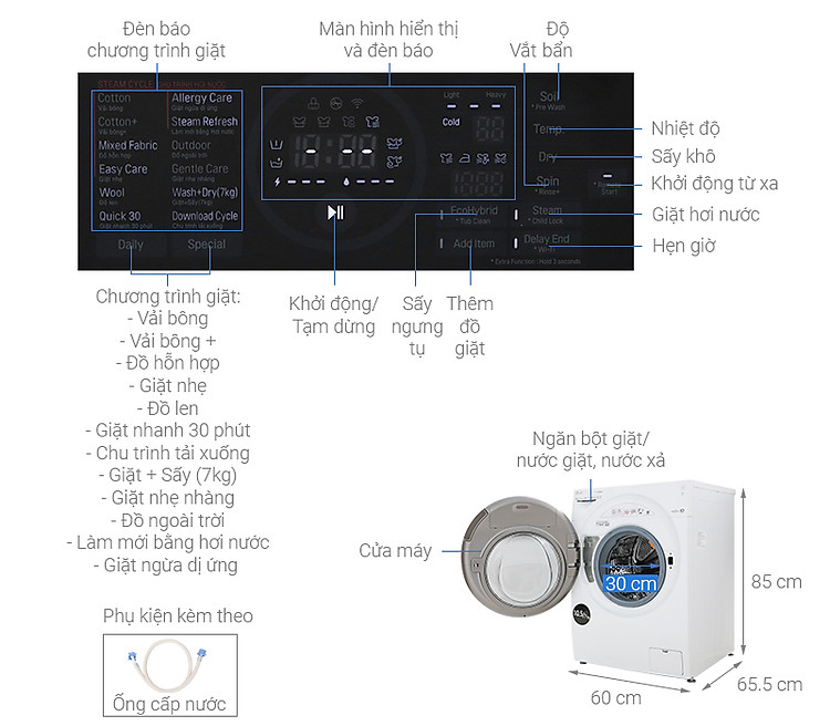 Thông số kỹ thuật Máy giặt sấy LG Inverter 10.5 kg FG1405H3W1