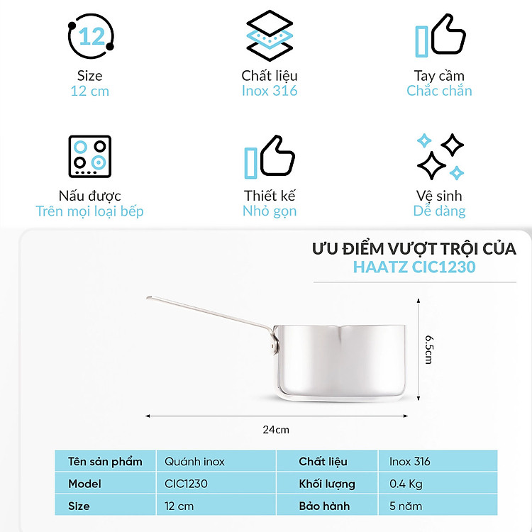 Quánh Inox 316 đúc nguyên khối Haatz Hàn Quốc 12cm