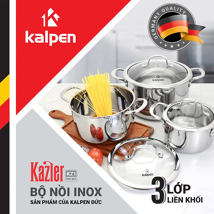 Bộ 3 nồi Inox 3 lớp liền khối Kalpen Kazler KZ1 size 16,20,24cm chuẩn Đức