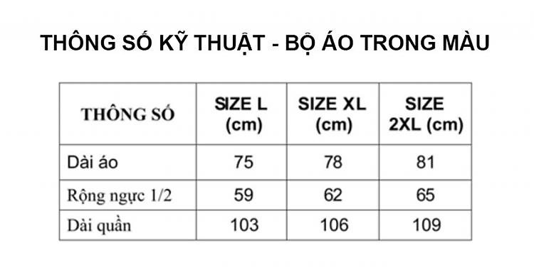 Thông số kỹ thuật bộ áo trong màu RANDO